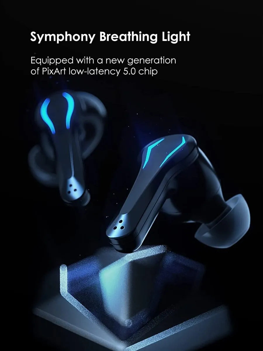 Pair of wireless earbuds with blue breathing light on a black background, featuring text about a PixArt low-latency chip.