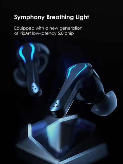 Pair of wireless earbuds with blue breathing light on a black background, featuring text about a PixArt low-latency chip.