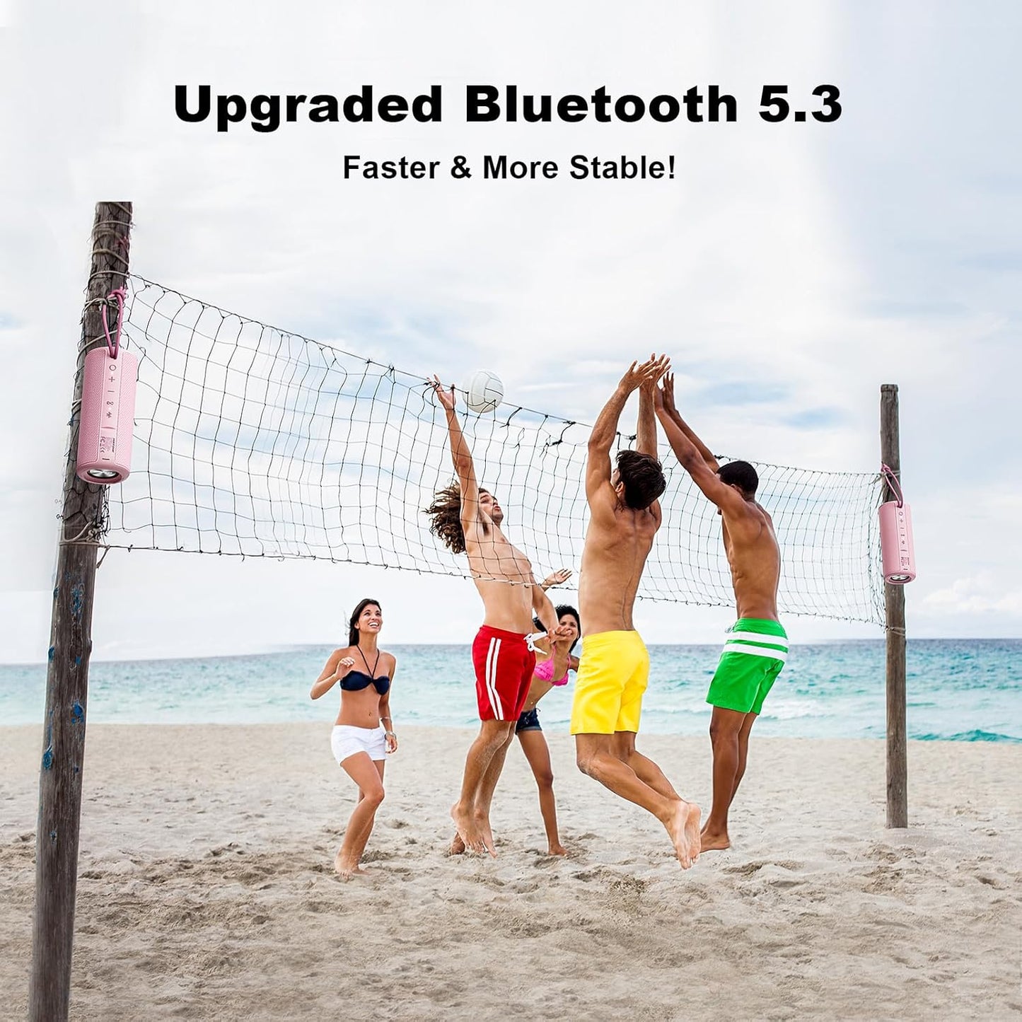 People playing beach volleyball with an upgraded Bluetooth 5.3 feature on a beach.