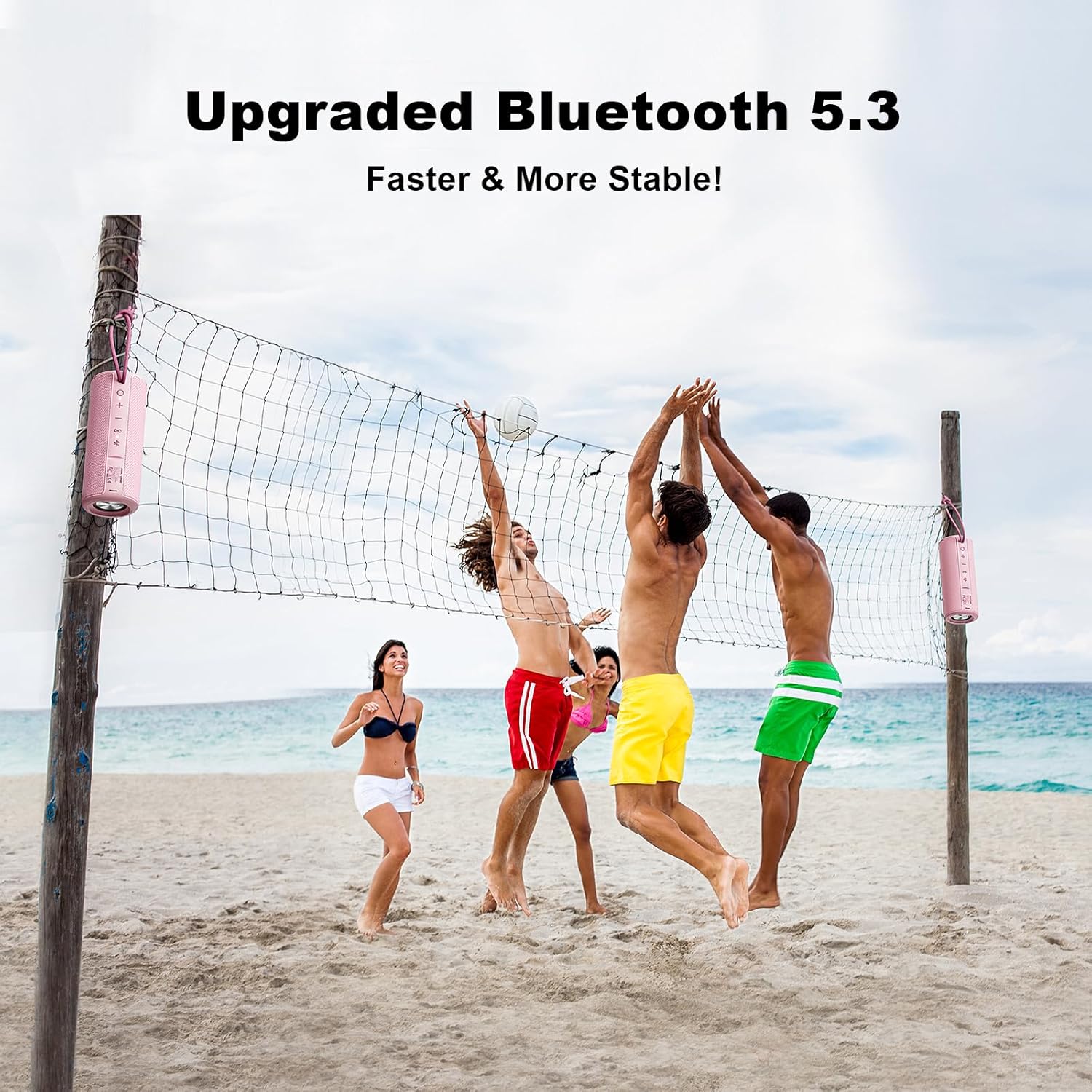 People playing beach volleyball with an upgraded Bluetooth 5.3 feature on a beach.