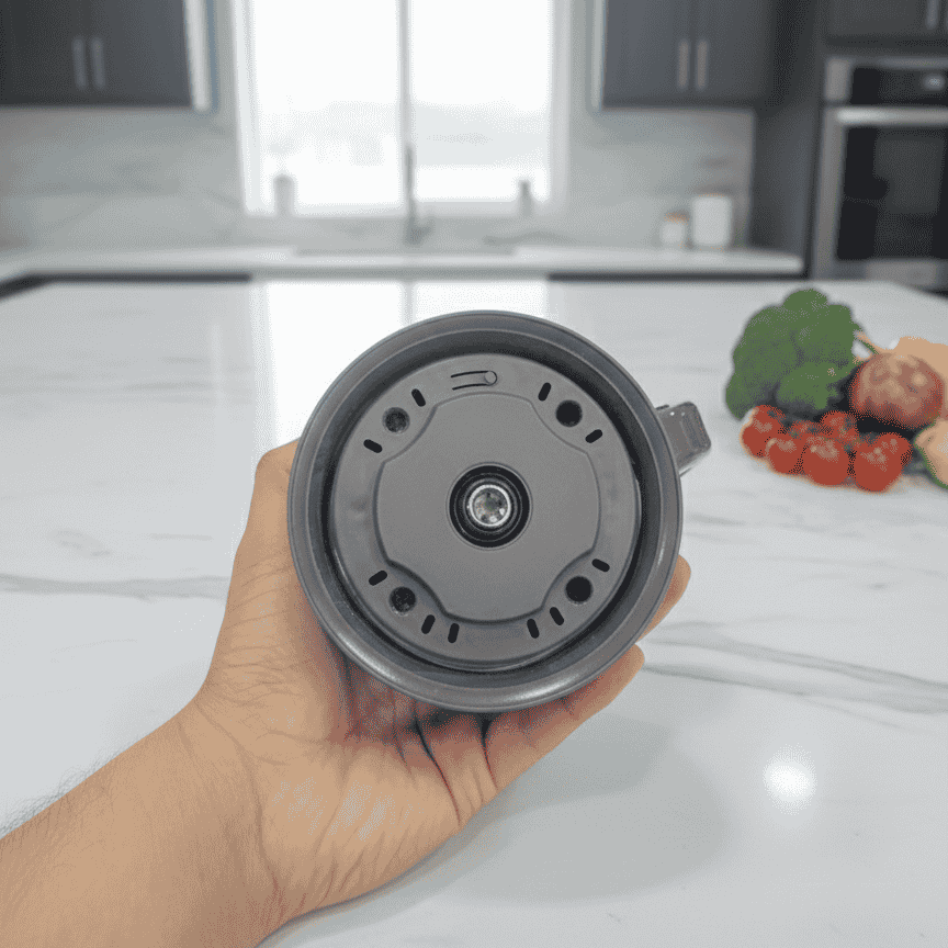 Person holding a gray kitchen component in a kitchen setting