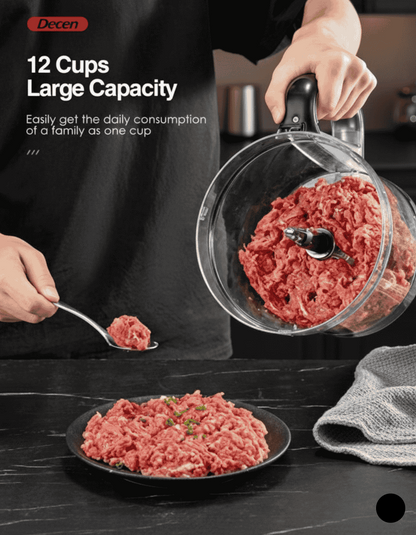 Person using a meat grinder with a large capacity, showing ground meat on a plate.