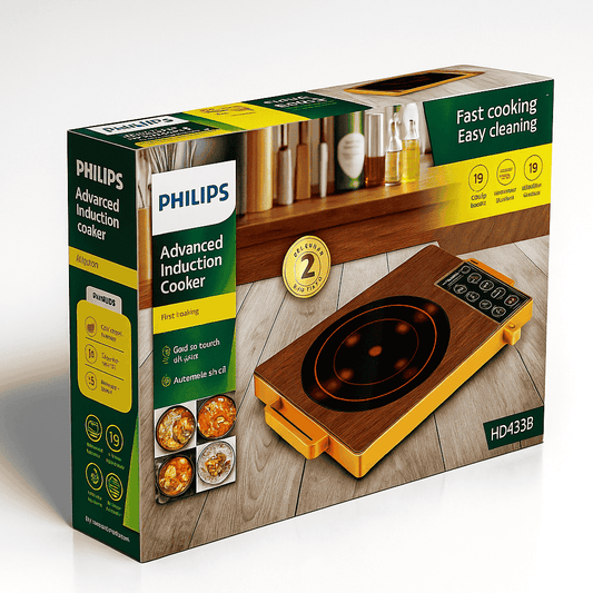 Philips Advanced Induction Cooker packaging on a wooden surface