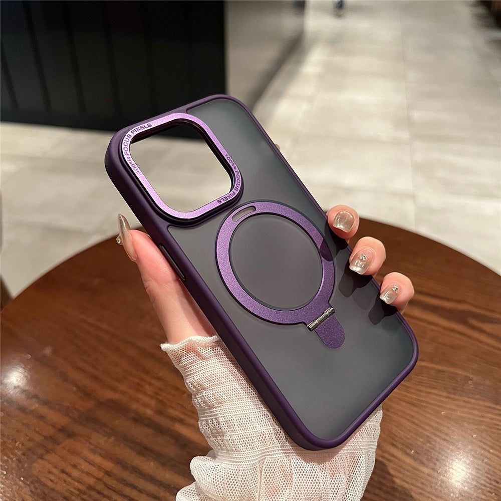 Phone case with purple accents held by a hand on a wooden surface