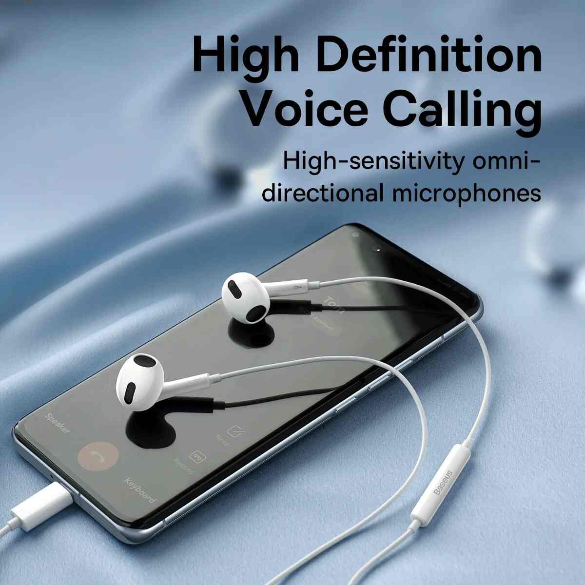 Phone with white earbuds on a blue background, emphasizing high-definition voice calling features.