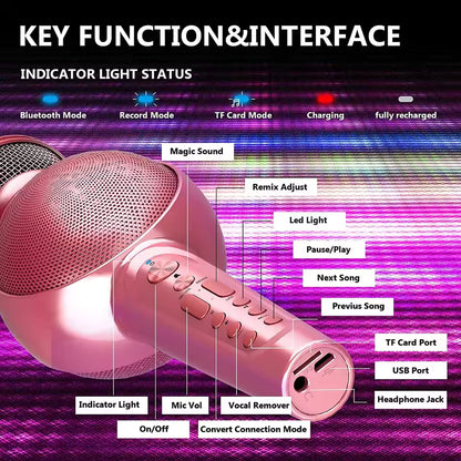 Pink microphone with labeled functions on a colorful background