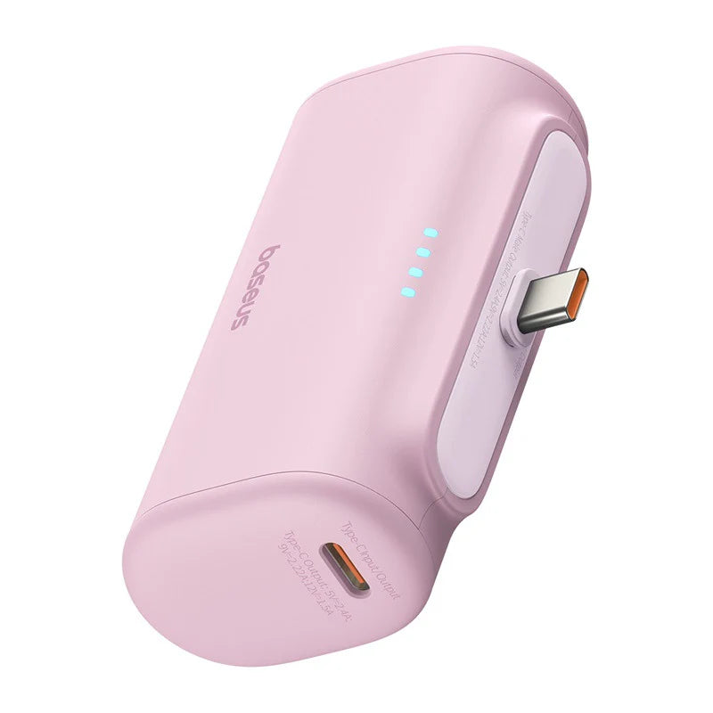 Pink portable charger with visible brand logo on a white background