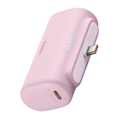 Pink portable charger with visible brand logo on a white background