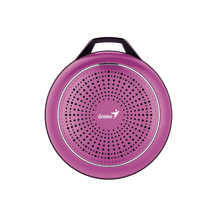 Pink portable speaker with Genius logo on a white background