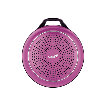 Pink portable speaker with Genius logo on a white background