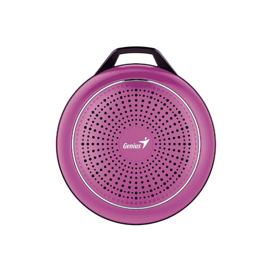 Pink portable speaker with Genius logo on a white background