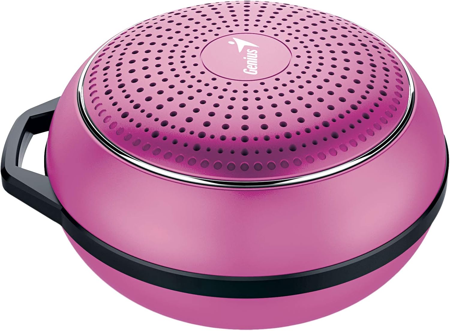 Pink portable speaker with a brand logo on a white background