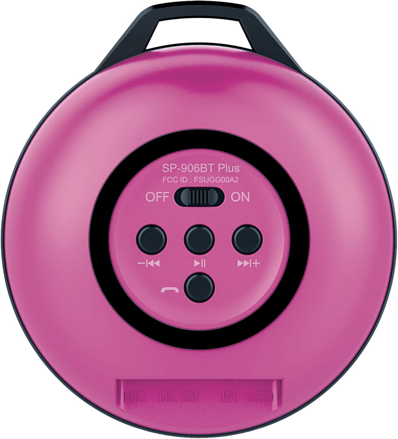 Pink portable speaker with control buttons on a white background