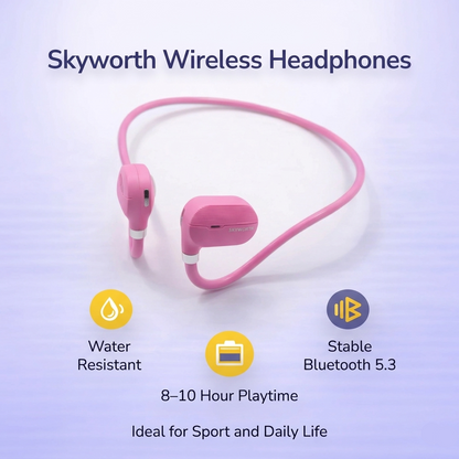 Pink wireless headphones with features on a light purple background