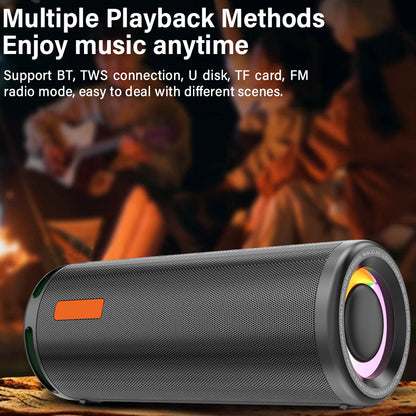 Portable speaker with text about playback methods on a blurred background of people around a campfire.
