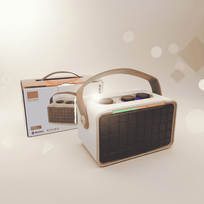 Portable speaker with a box in the background on a light background