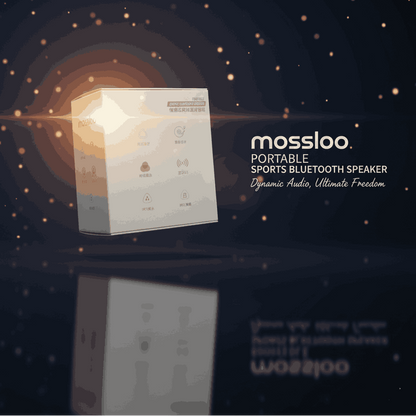 Portable sports Bluetooth speaker with 'mossloo' branding on a dark background
