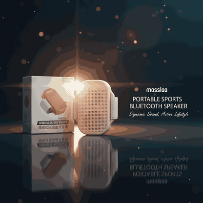 Portable sports Bluetooth speaker with packaging on a reflective surface