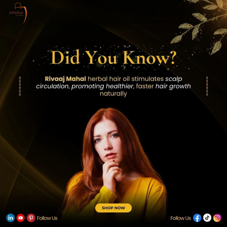 Promotional graphic for Rivaaj Mahal herbal hair oil with a woman and text on a dark background - armaa store