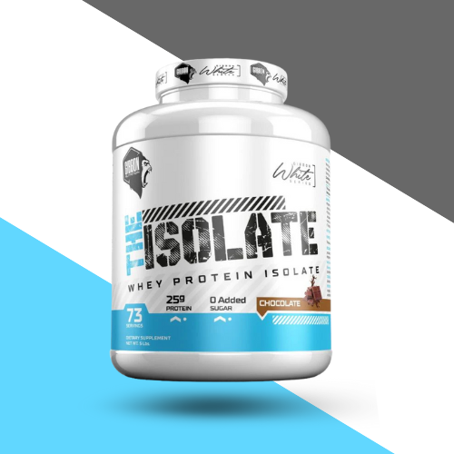 Protein supplement container labeled 'The Isolate' on a multicolored background