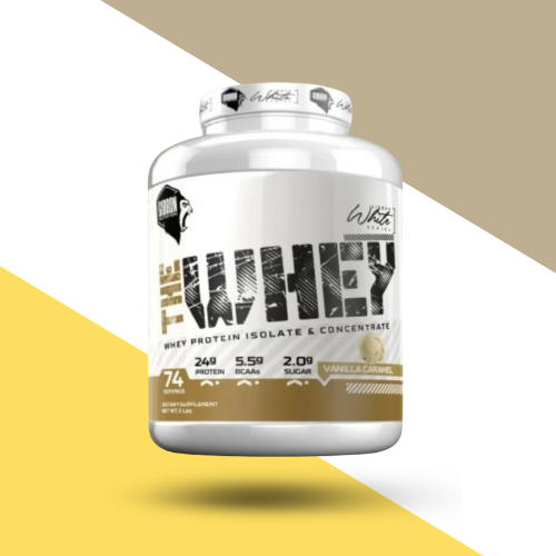 Protein supplement container with 'The Whey' branding on a geometric background
