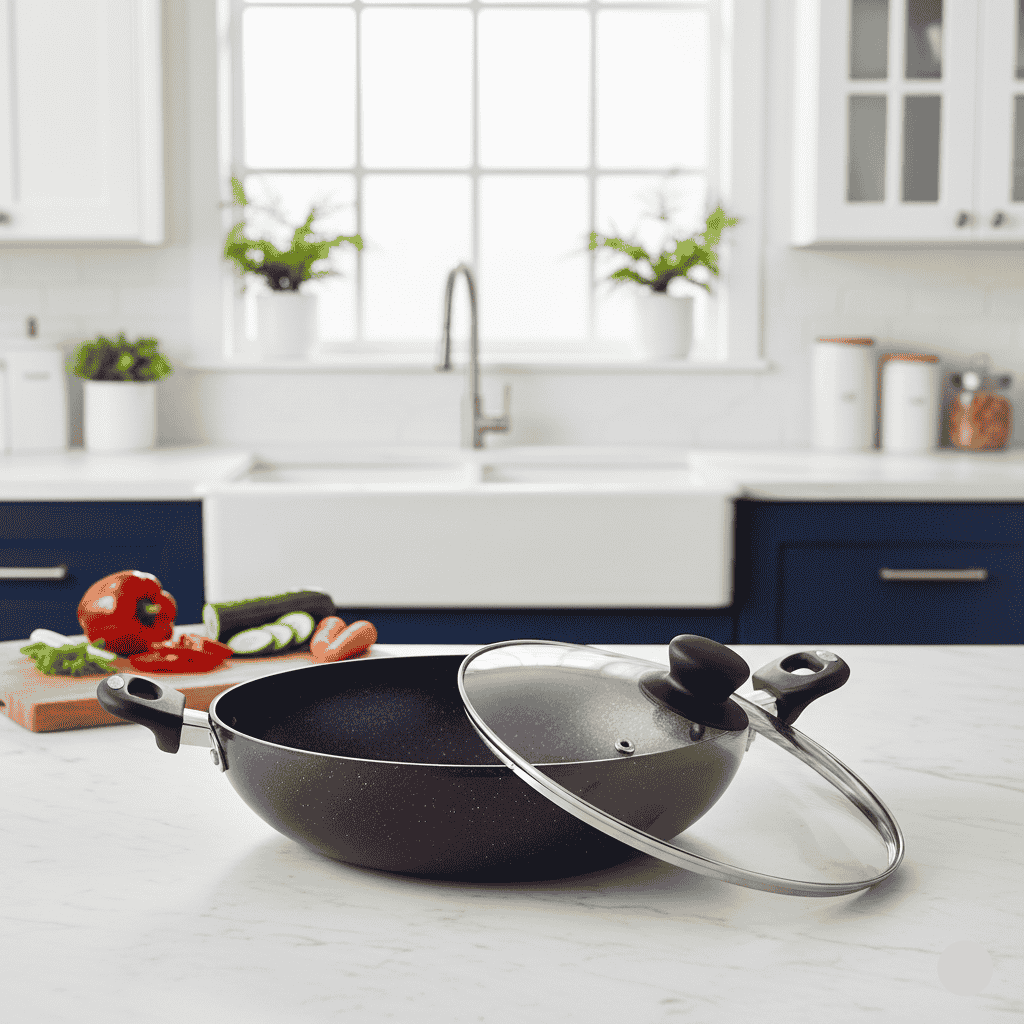 Purple karahi with lid on a kitchen counter