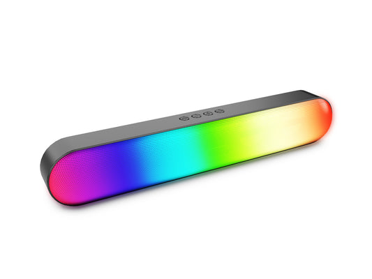 Colorful LED light bar with a black casing on a white background