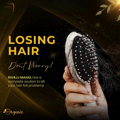 Hand holding a hairbrush with falling hair, text about hair care solution on a dark background - armaa store