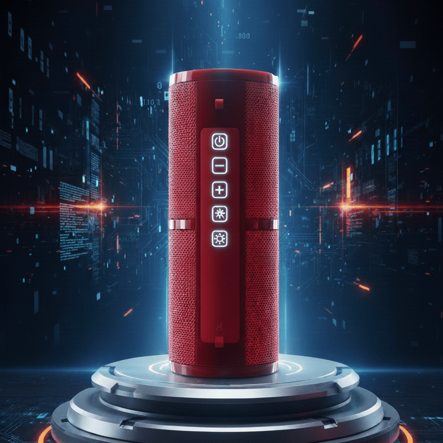 Red cylindrical speaker with control buttons on a dark background with digital elements