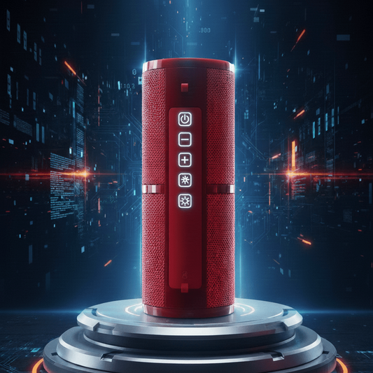 Red cylindrical speaker with control buttons on a dark background with digital elements