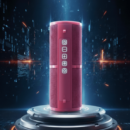 Red cylindrical speaker with control buttons on a dark background with digital elements