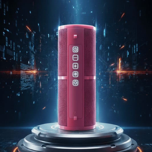 Red cylindrical speaker with control buttons on a dark background with digital elements