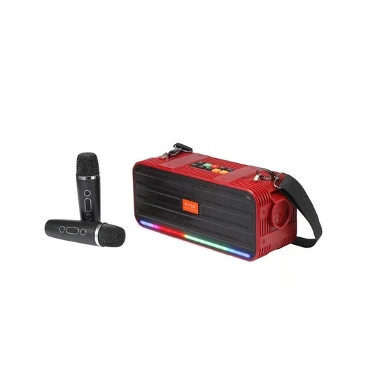 Red portable speaker with a microphone on a white background