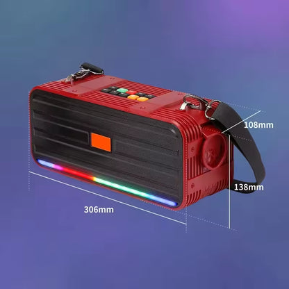 Red portable speaker with dimensions on a blue background