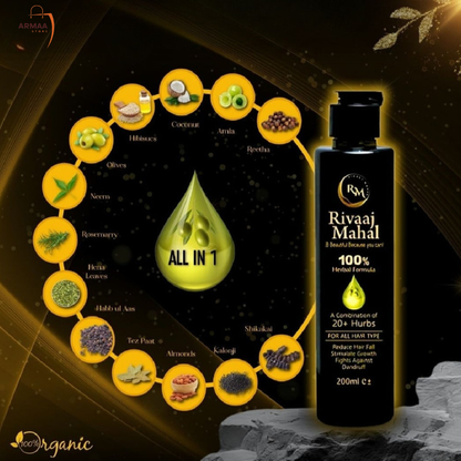 Rivaaj Mahal hair care product with ingredients on a dark background - armaa store