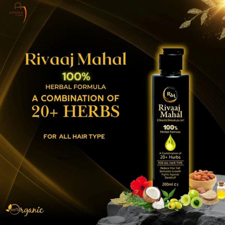 Rivaaj Mahal hair product with herbs and natural elements on a dark background - armaa store