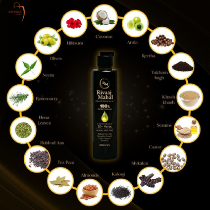 Rivani Mahal product with ingredients around it on a dark background - armaa store