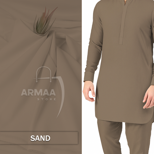 sand kurta with pants on a white background, featuring the Armaa Store logo.