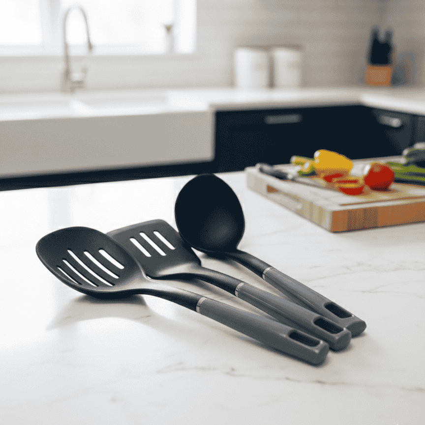 Set of black kitchen utensils on a white countertop with a blurred kitchen background