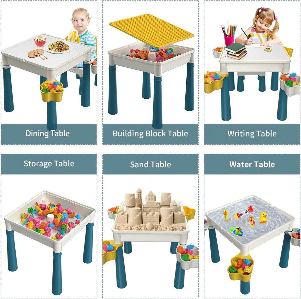 Set of six children's tables with different activities on each table.