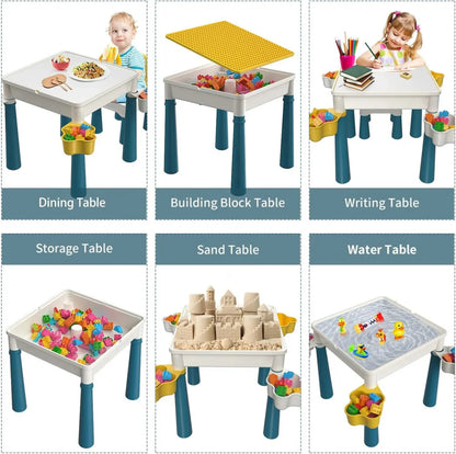 Set of six children's tables with different activities on each table.