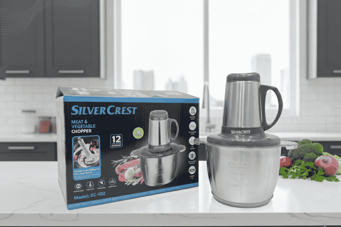 Silver Crest meat and vegetable chopper on a kitchen counter with packaging