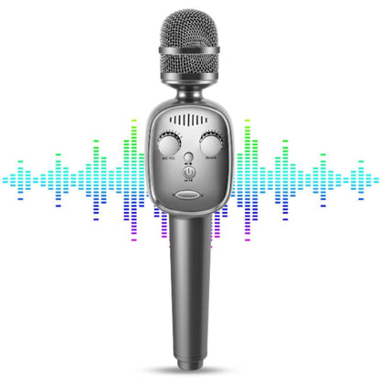 Silver microphone with sound wave graphics on a white background