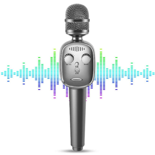 Silver microphone with sound wave graphics on a white background