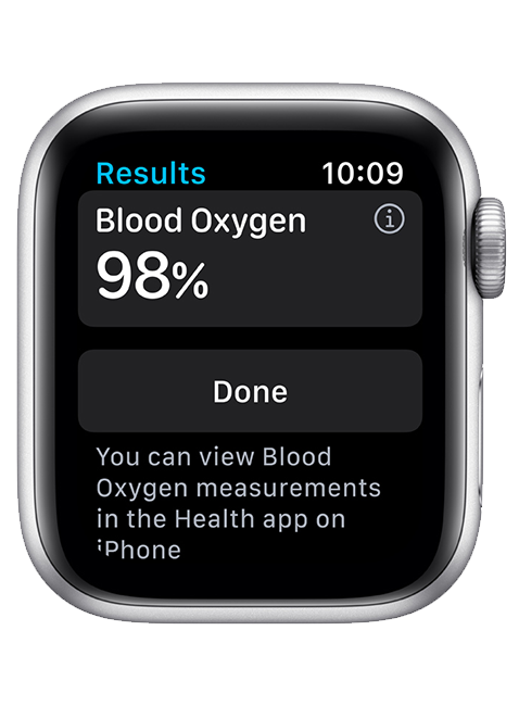 Smartwatch displaying blood oxygen measurement of 98% on a white background