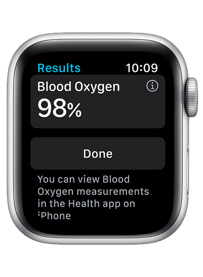 Smartwatch displaying blood oxygen measurement of 98% on a white background