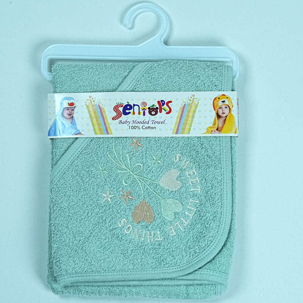 Teal baby hooded towel with 'Seniors' branding on a hanger against a light blue background
