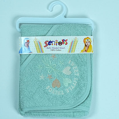 Teal baby hooded towel with 'Seniors' branding on a hanger against a light blue background