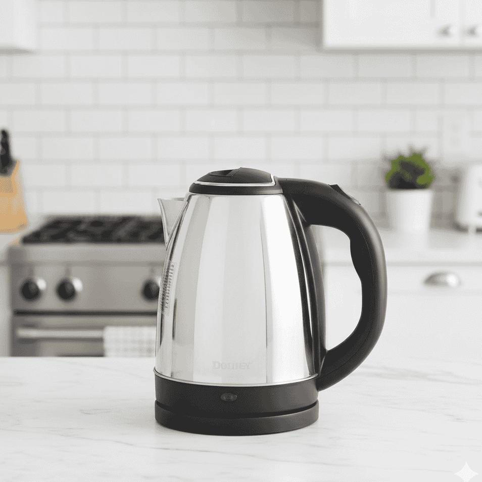 Stainless steel 2 litre electric kettle on a kitchen counter with a white tiled wall and stove in the background.