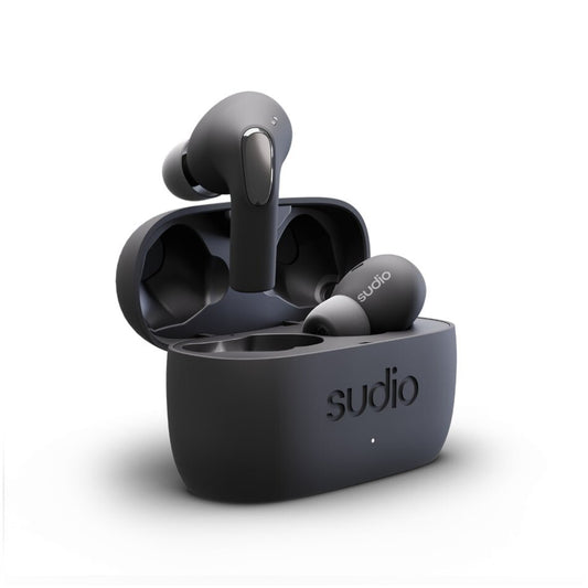 Sudio E2 wireless earbuds in a black case on a white background